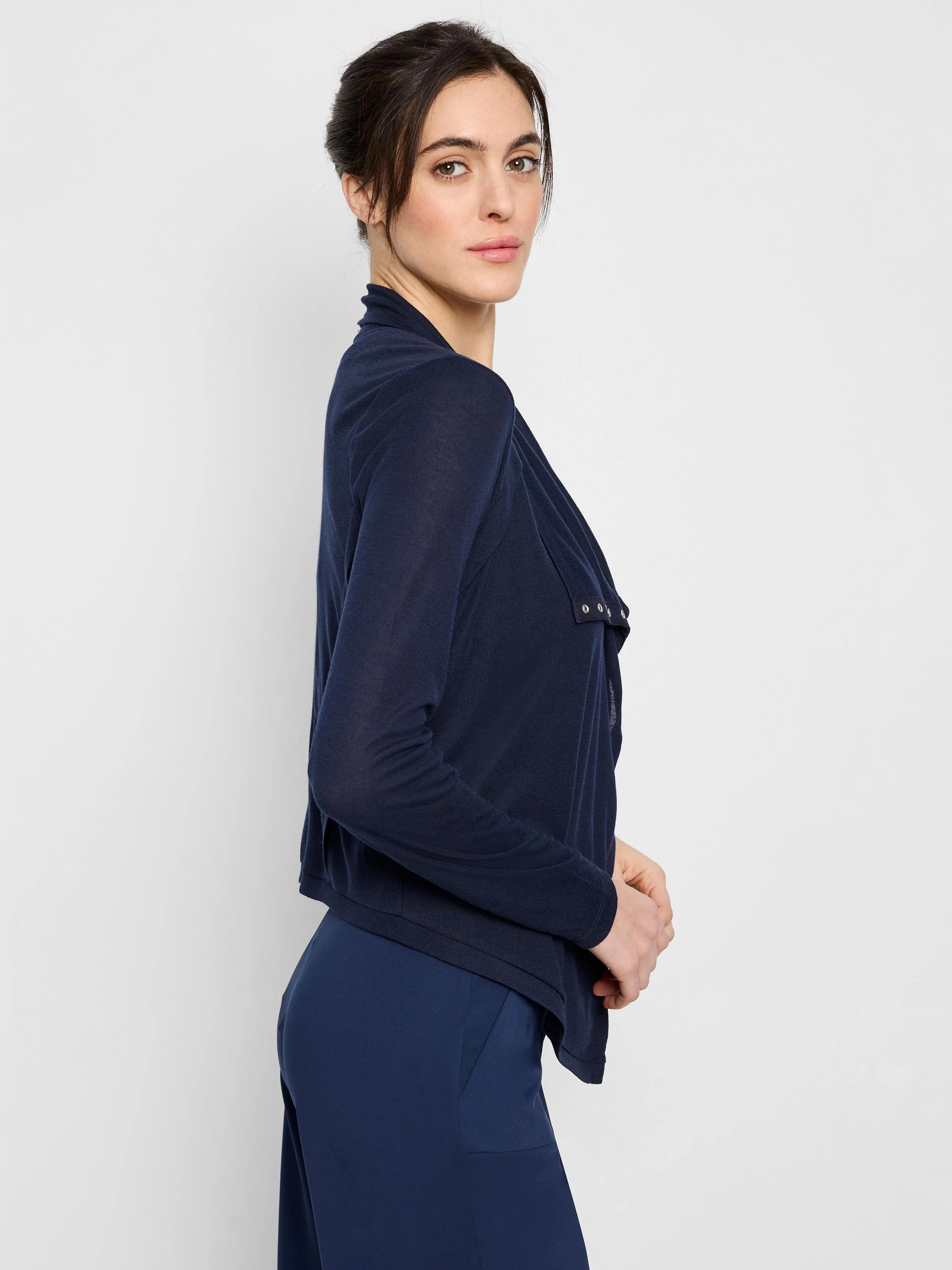 Navy blue gauzy cardigan, long sleeves, snap front, draped neckline.