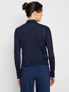 Navy blue, long-sleeved cardigan; snap front; fitted silhouette.