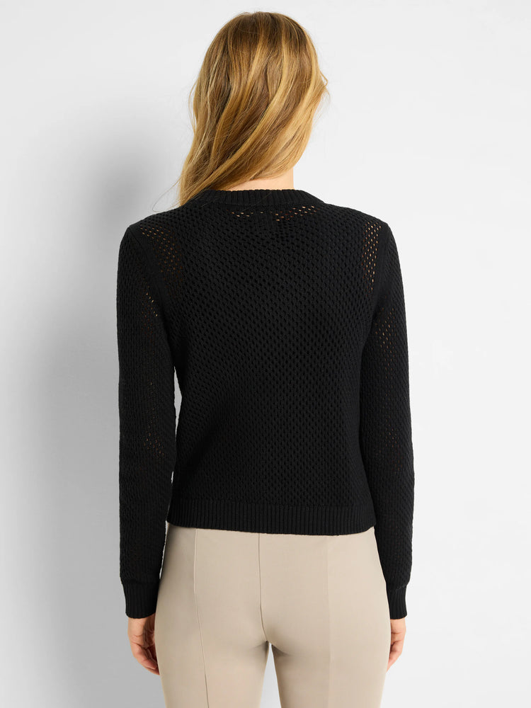 Black zip-front mesh cardigan, long sleeves, open knit.