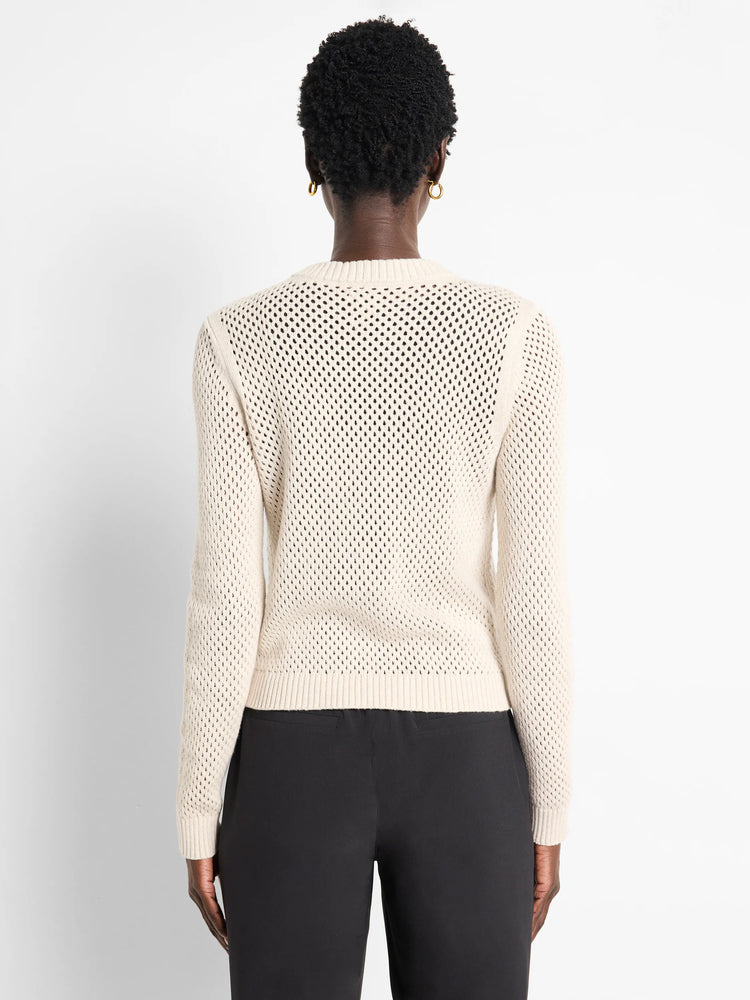 Off-white zip-front mesh cardigan.  The mesh pattern is evenly spaced.
