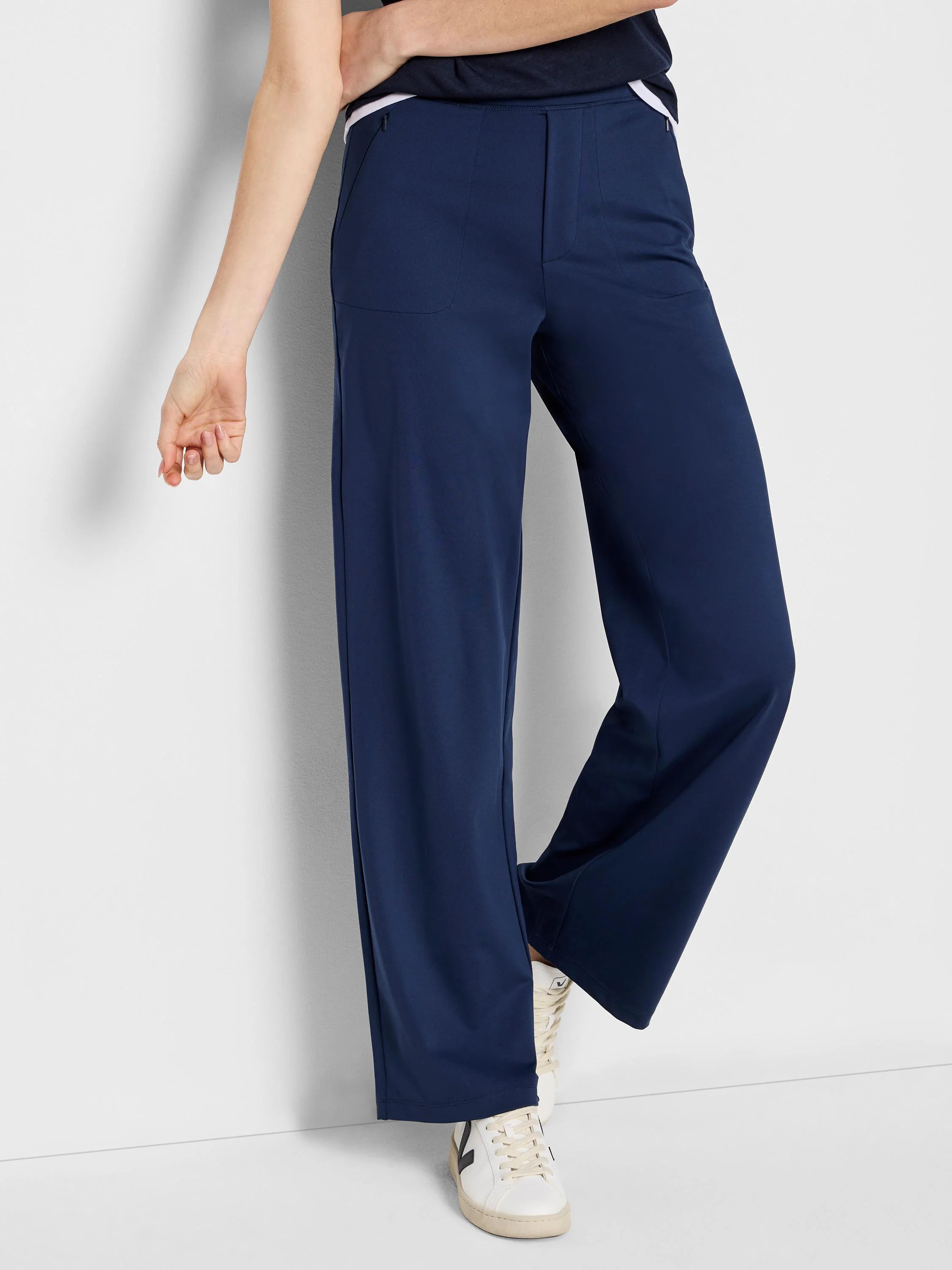 Navy blue wide-leg pants; flat front, pockets.