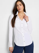 White long-sleeve button-down shirt with two chest pockets and dark gray buttons.