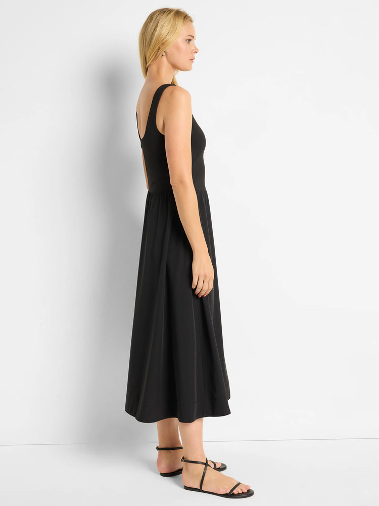 Black midi dress; fitted bodice, flared skirt.  Sleeveless, scoop neck.