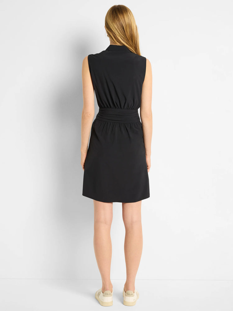 Black sleeveless mini dress, collared neckline, fitted waist.