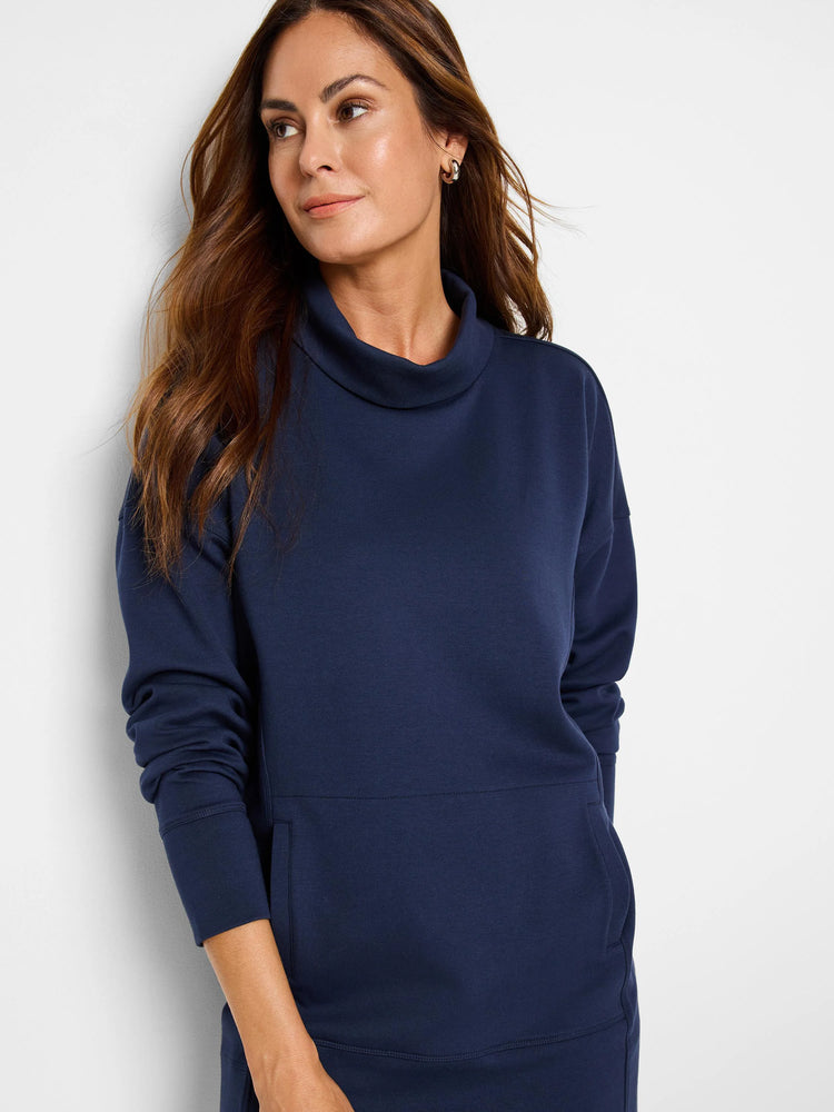 Navy blue tunic with funnel neck, long sleeves, and a kangaroo pocket.