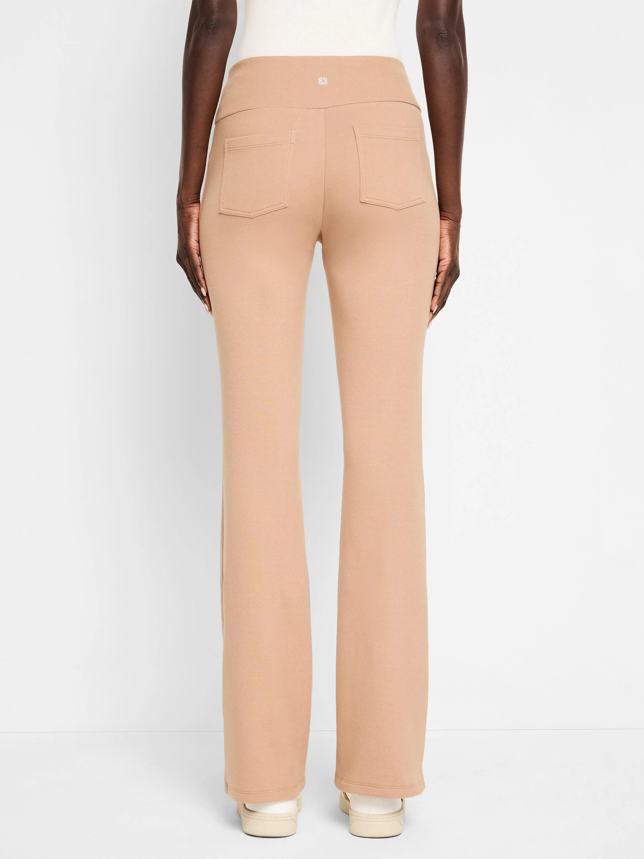 Beige bootcut pants; back view shows two back pockets.