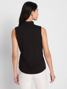 Black sleeveless tank with a ruffled mock neck, seen from the back.