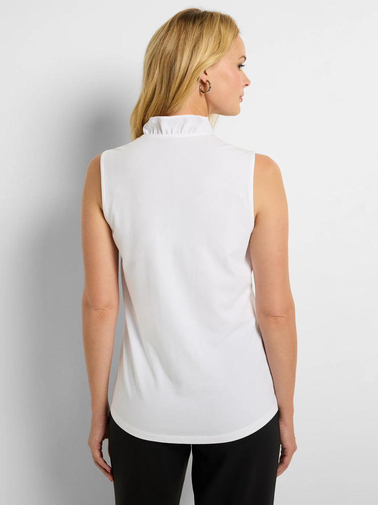White sleeveless tank, ruffled stand collar, curved hem. Model seen from back.