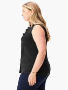 Black sleeveless tank with a ruffled stand collar and button-front placket.