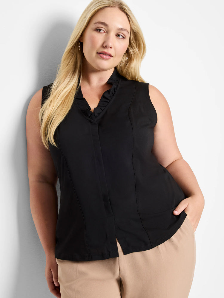 Black sleeveless tank with a ruffled V-neck collar.