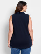 Navy blue sleeveless tank top with a ruffled mock neck, shown from the back.