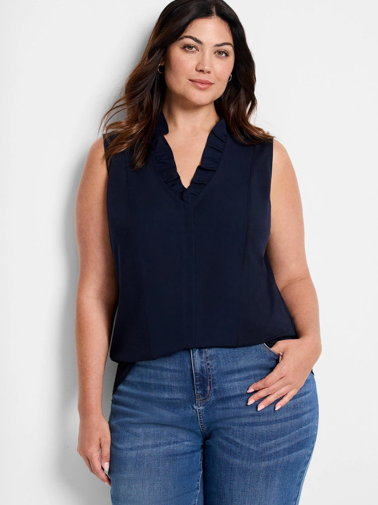 Navy sleeveless tank with a ruffled V-neckline.