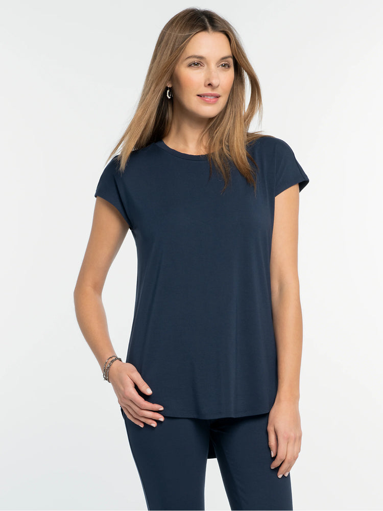 Navy Eaze Tee: round neck, short cap sleeves, and a relaxed fit in smooth fabric.