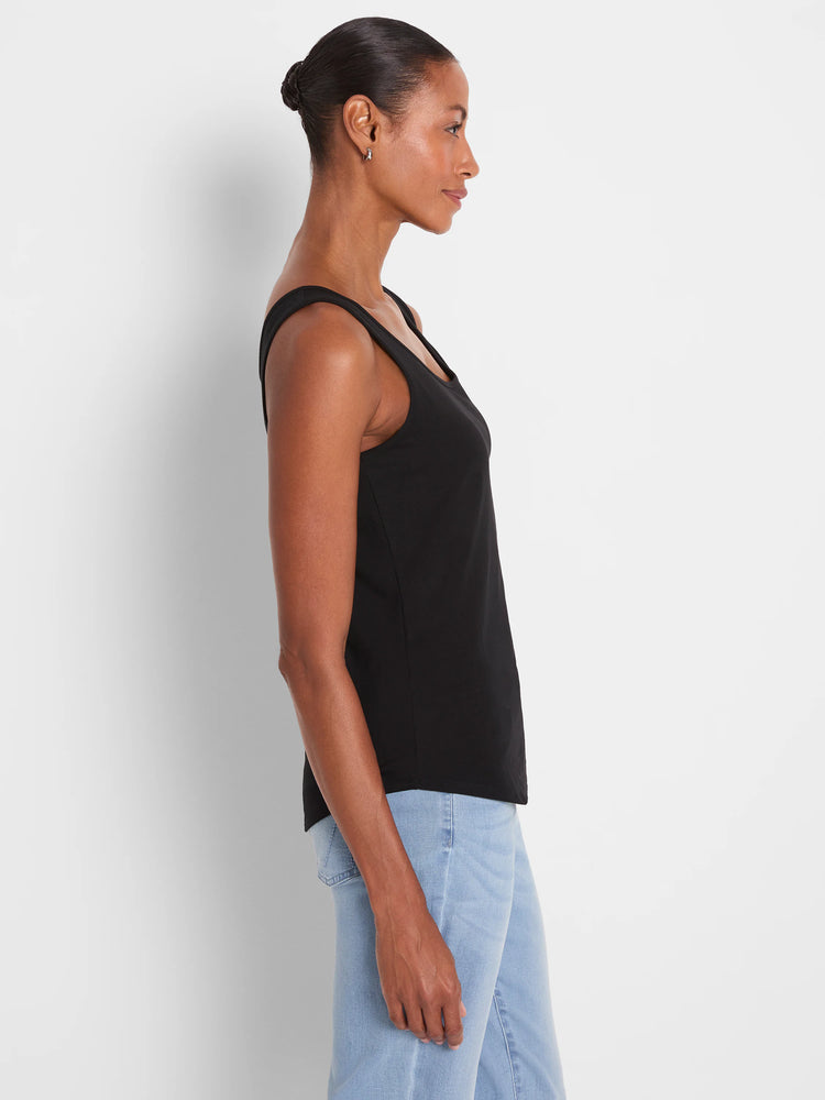 Black sleeveless tank top with a scoop neck and a curved shirttail hem.