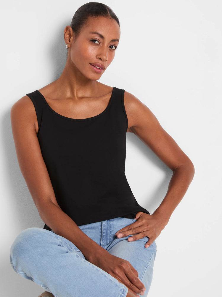 Black tank top featuring a wide scoop neckline and broad shoulder straps. Smooth, slightly fitted fabric.
