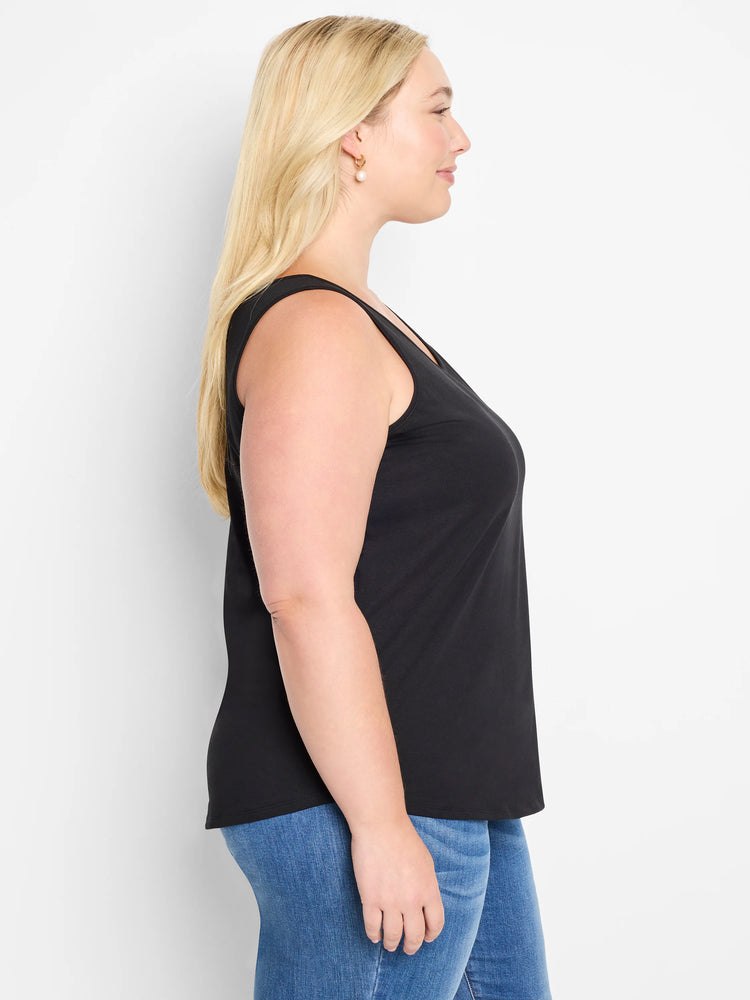 Black V-neck sleeveless tank top worn by a model in profile.