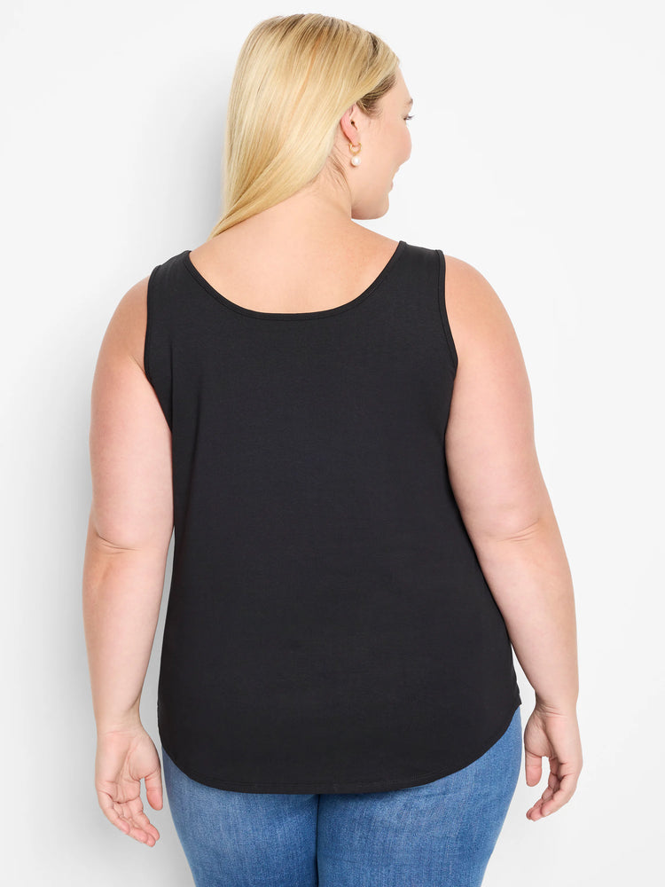 Black scoop-neck tank top on model from behind, featuring a curved shirttail hem.