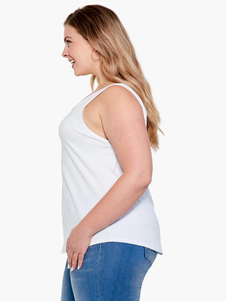 White V-neck sleeveless tank with a relaxed fit and shirt tail hem.