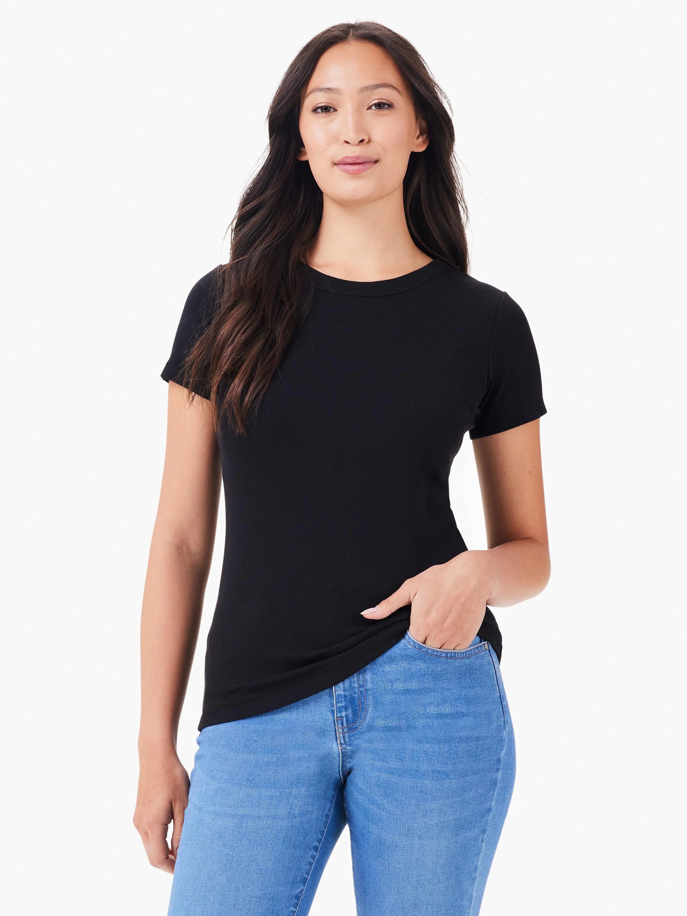 Black ribbed knit crew neck tee with short sleeves.