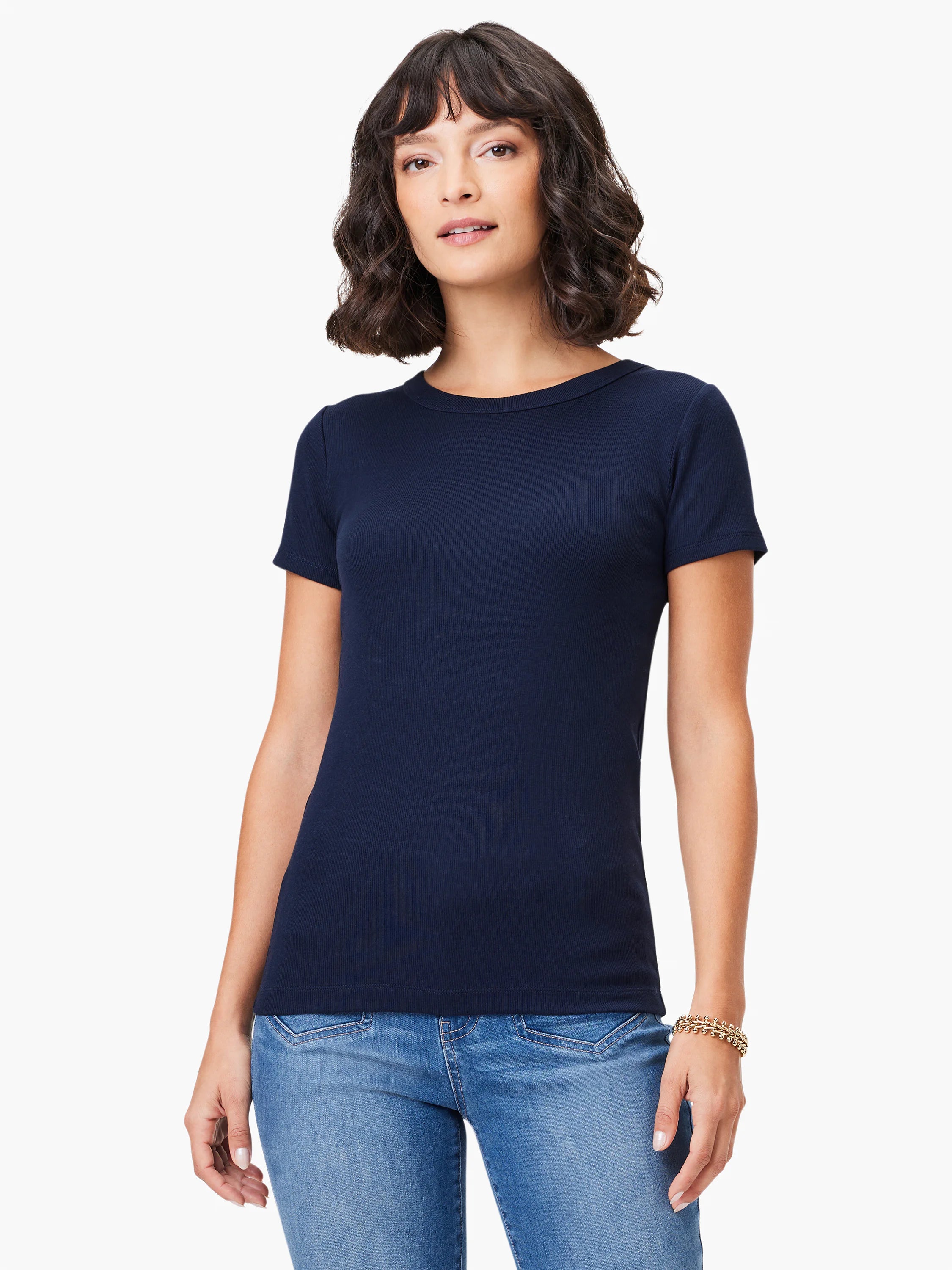 Navy ribbed knit short sleeve crew neck tee, fitted.