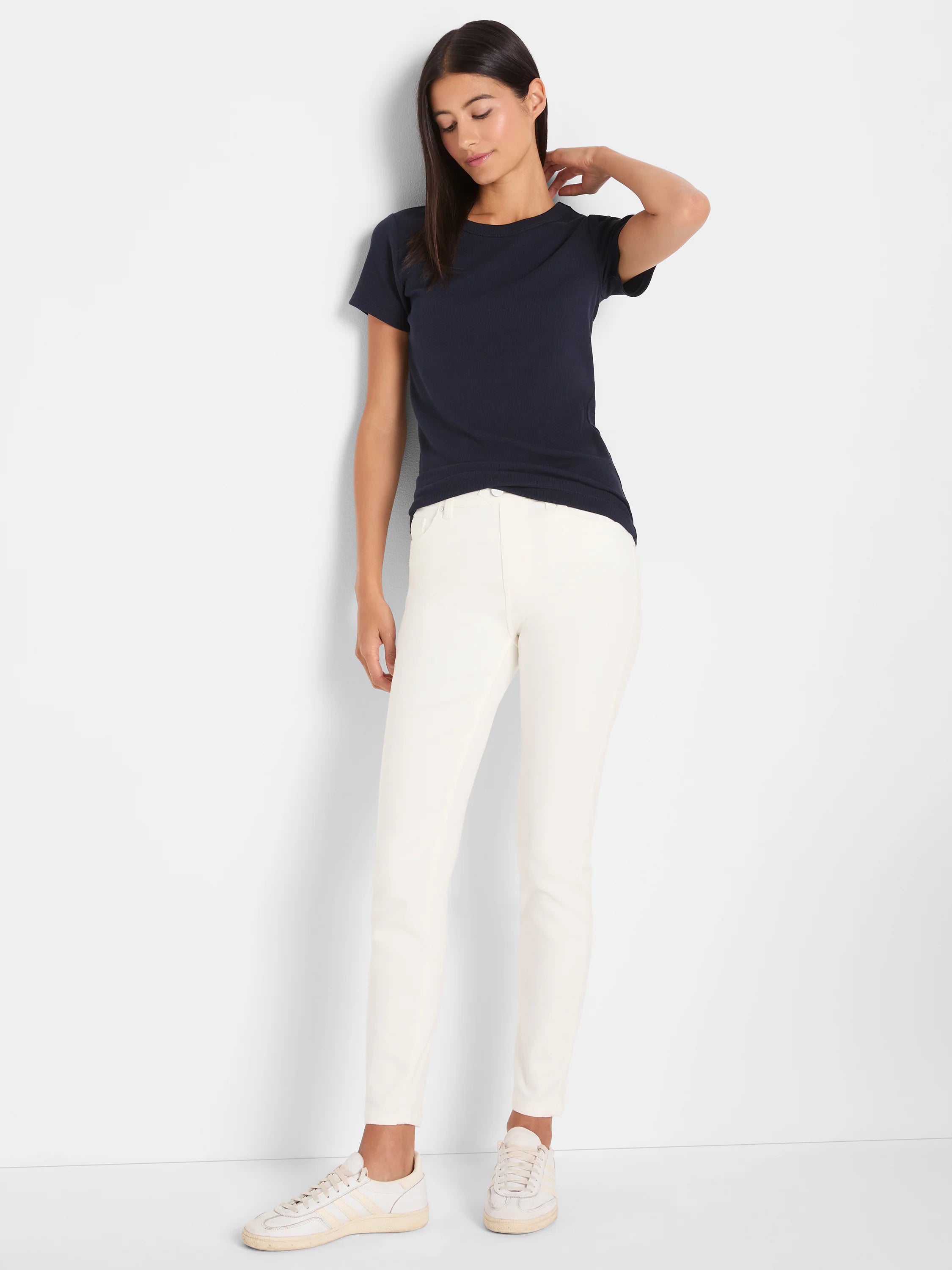 Navy blue, rib knit, short sleeve crew neck tee with a fitted silhouette.