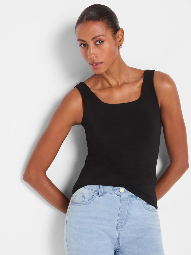 Black, fitted tank top with a square neckline and wide straps.