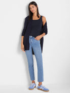 Navy square-neck tank top on a model.