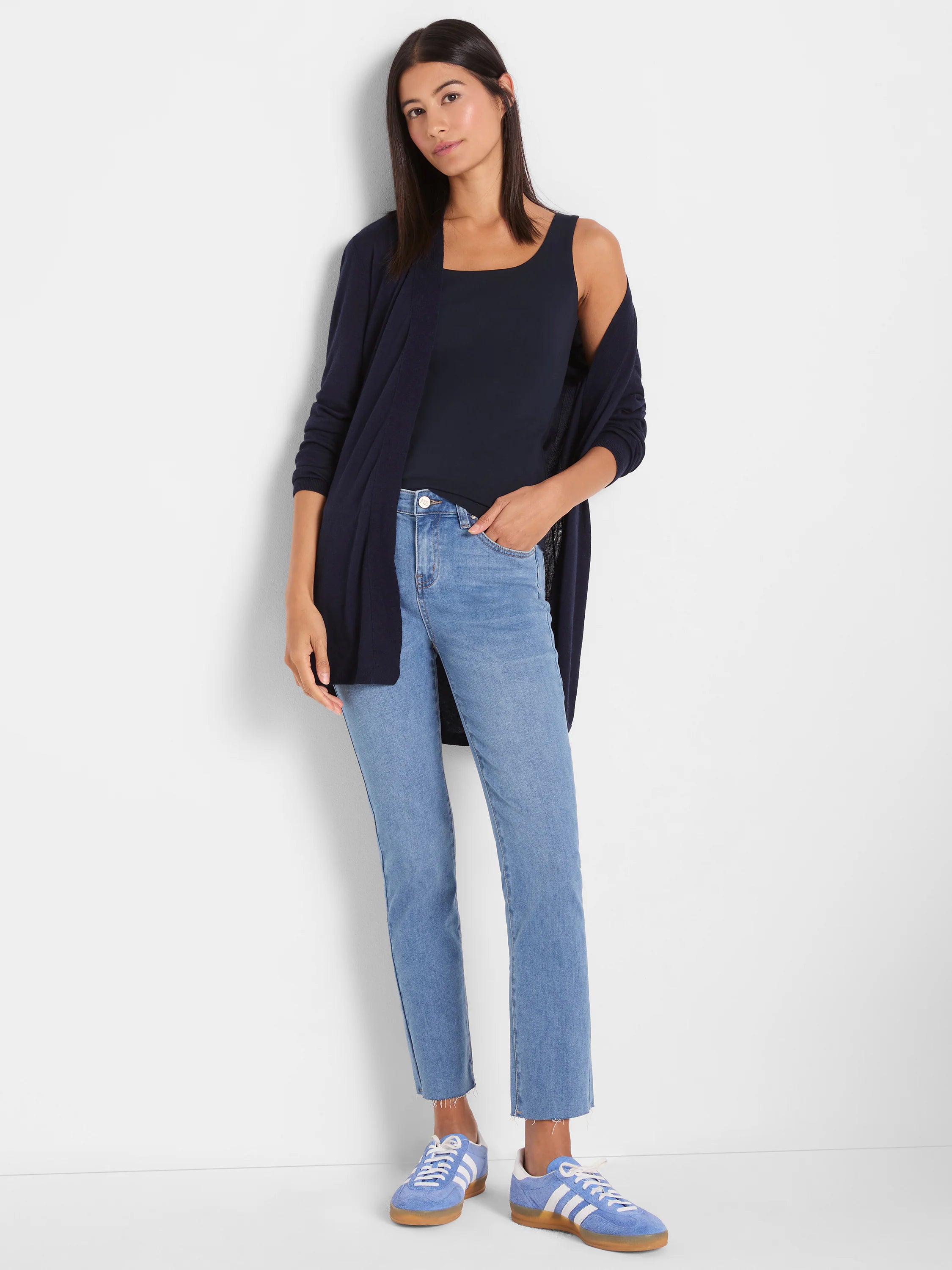 Navy square-neck tank top on a model.