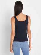 Dark navy tank top, back view, with a scoop neckline and broad straps.