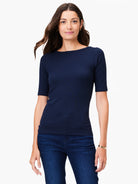 Navy ribbed knit tee, boatneck, elbow sleeves. Fitted.