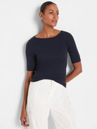 Navy blue rib-knit boatneck tee with elbow sleeves.