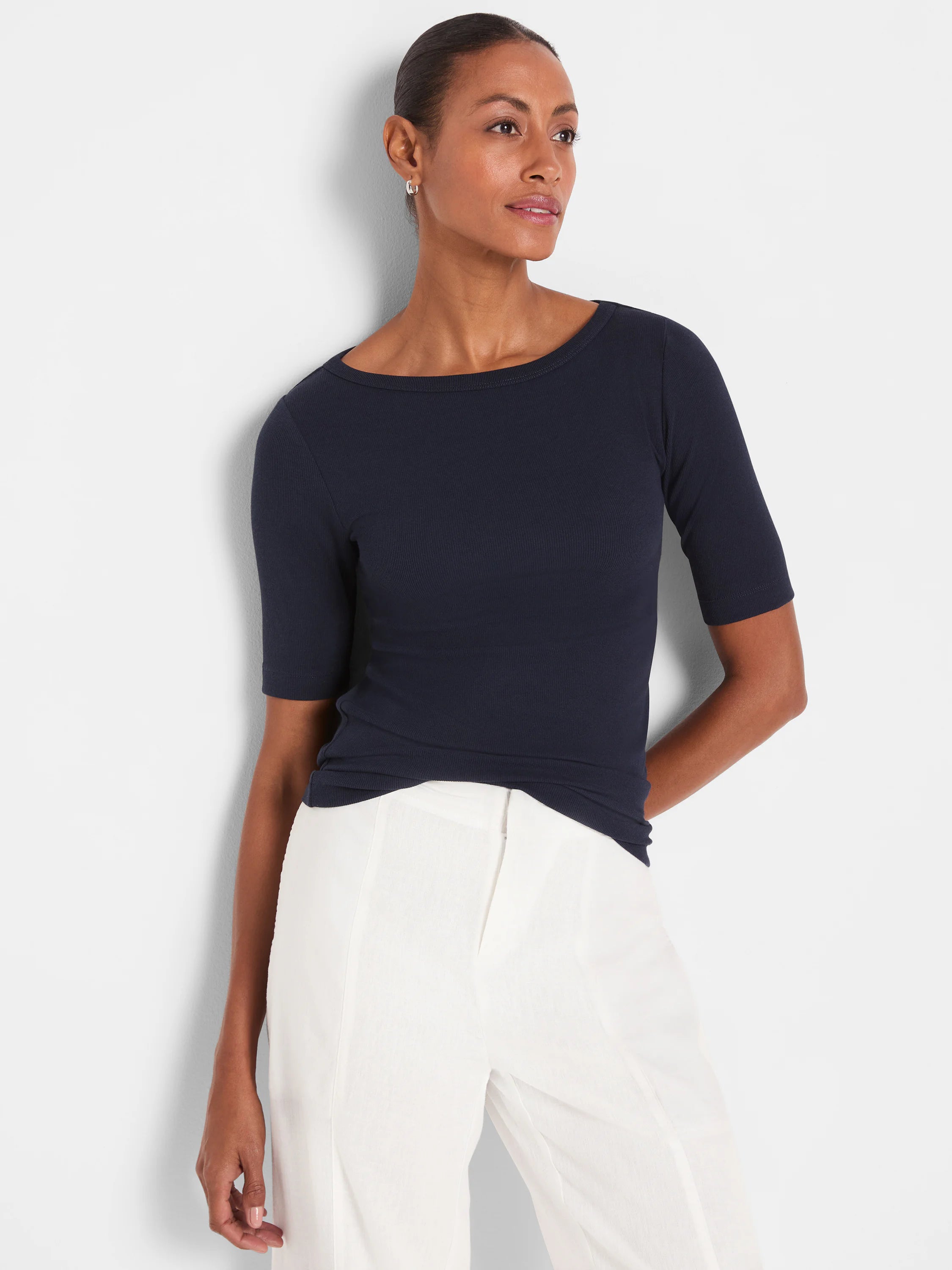 Navy blue rib-knit boatneck tee with elbow sleeves.