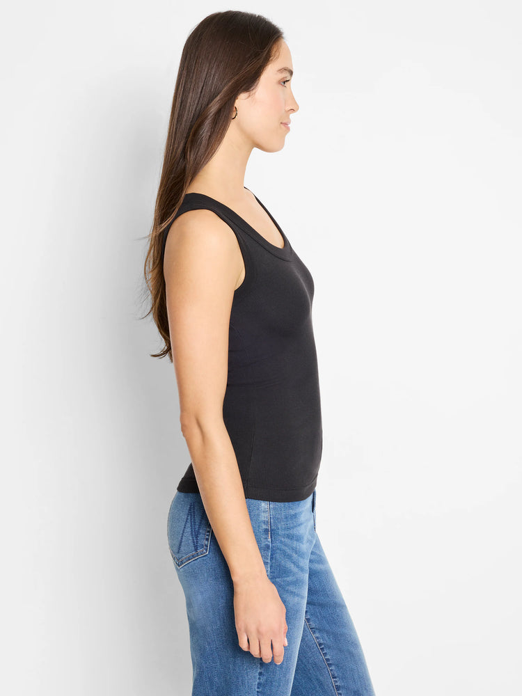 Black ribbed knit scoop neck tank top, worn by a woman in a side profile.