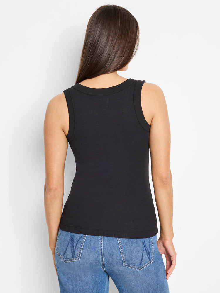 Black ribbed knit tank top. Fitted, with a rounded back neckline.