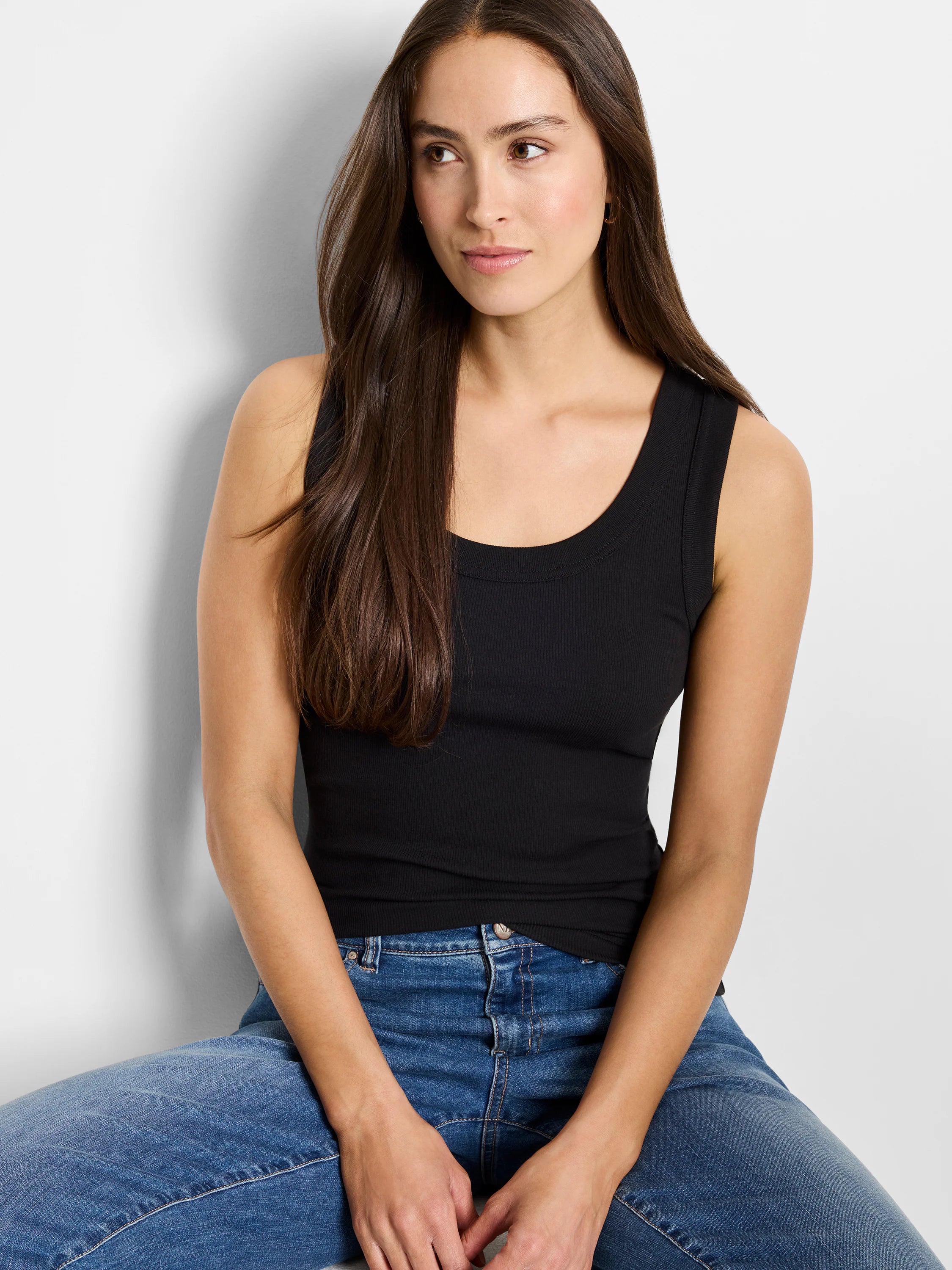 Black, ribbed knit scoop neck tank top; close-fitting.