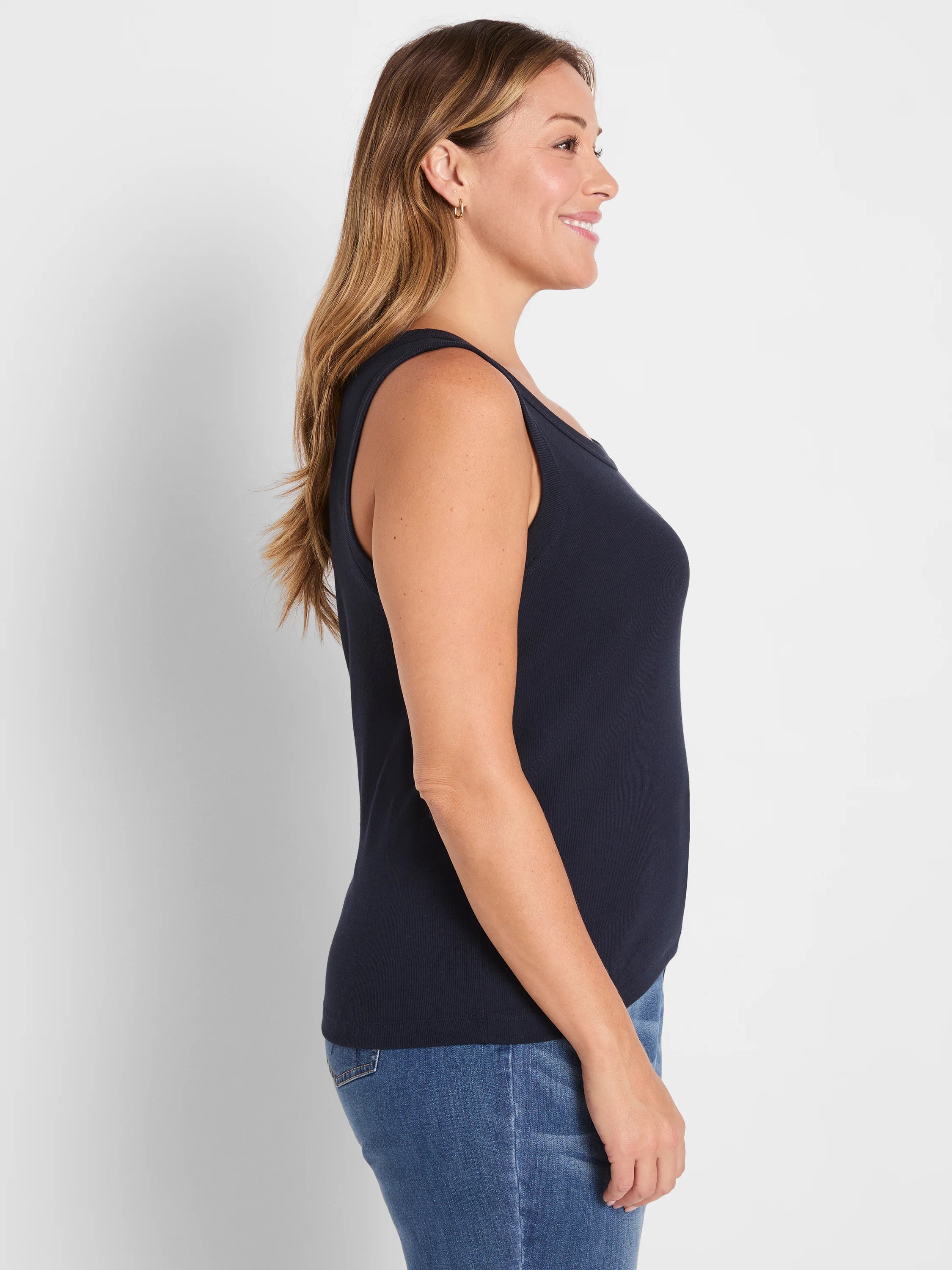 Navy blue ribbed knit scoop tank top.