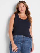 Navy ribbed knit scoop neck tank top.