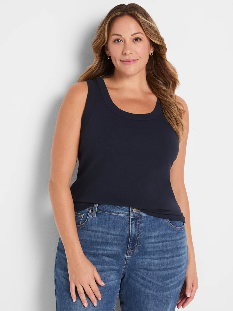 Navy ribbed knit scoop neck tank top.