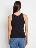 Black sleeveless tank top, rear view on a model, with a rounded back neckline.