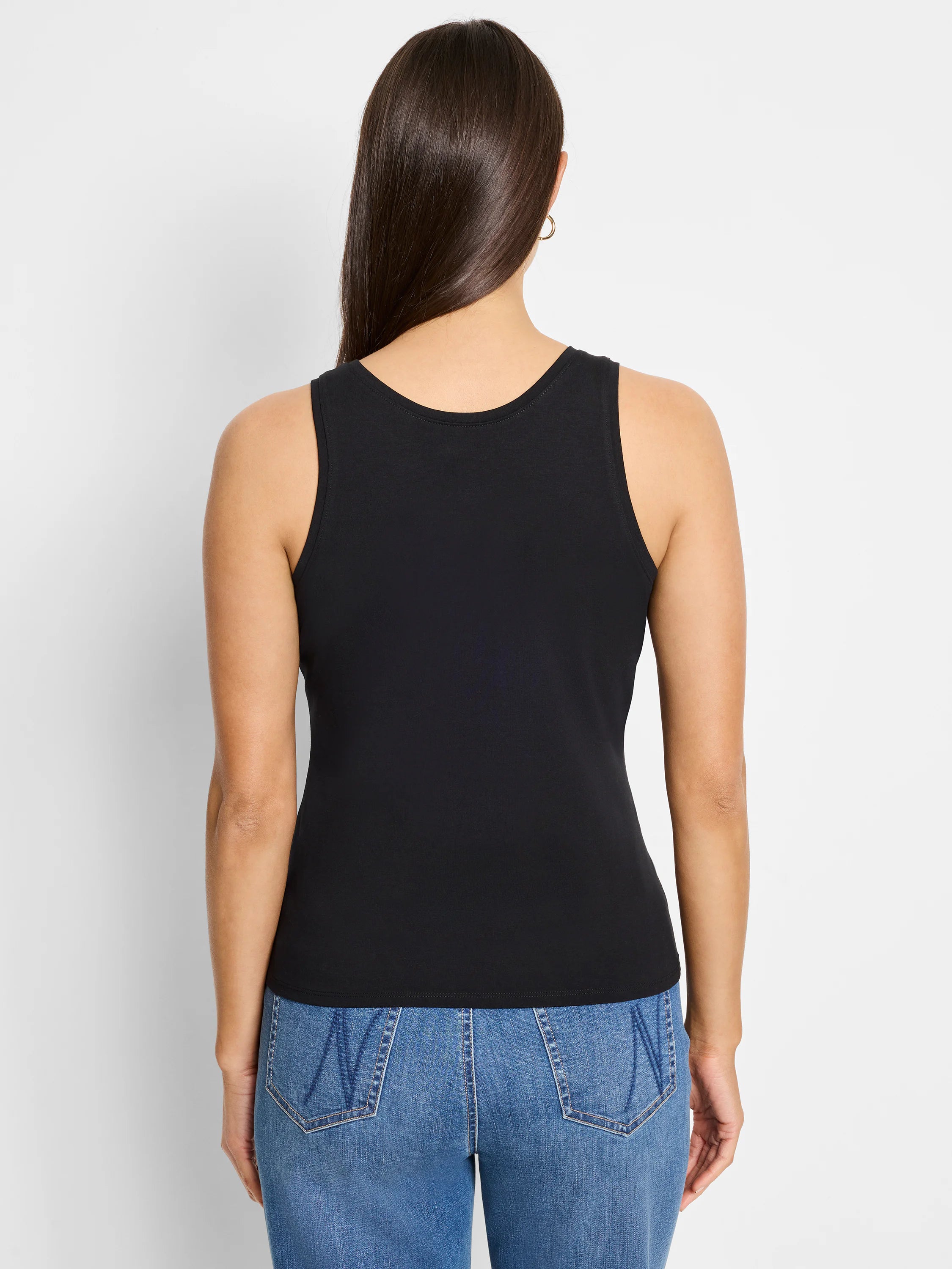 Black sleeveless tank top, rear view on a model, with a rounded back neckline.