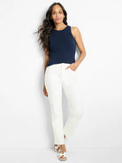 Fitted, solid navy, high neck sleeveless tank.