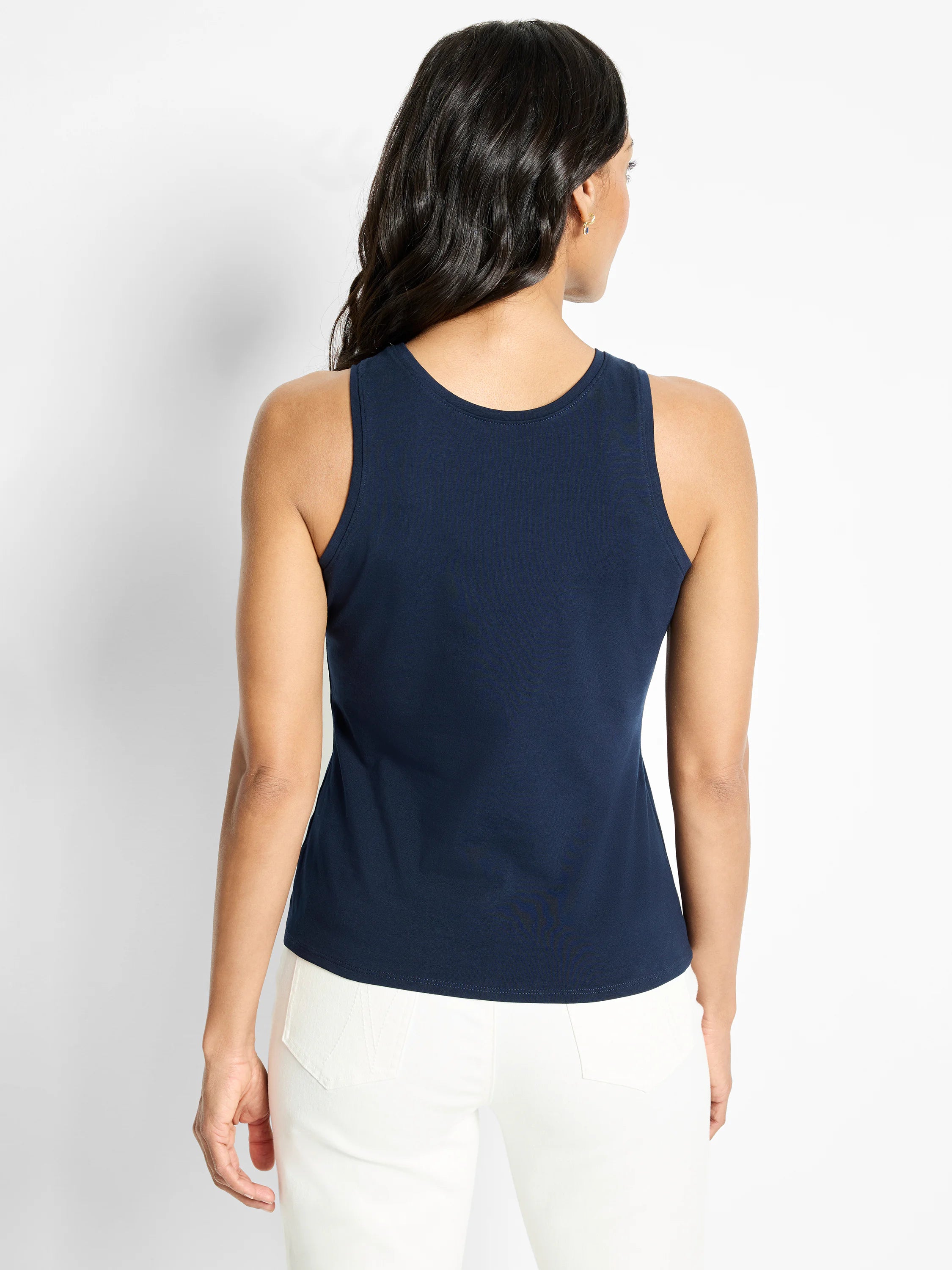 Navy blue tank top, back view, on model. Features a rounded back neckline, sleeveless design, and straight hem.
