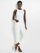 White high neck tank top. Sleeveless, fitted style.