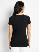 Black knit crew neck t-shirt with short sleeves, featuring a smooth, fitted back.