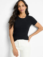 Fitted black knit crew neck T-shirt with short sleeves.