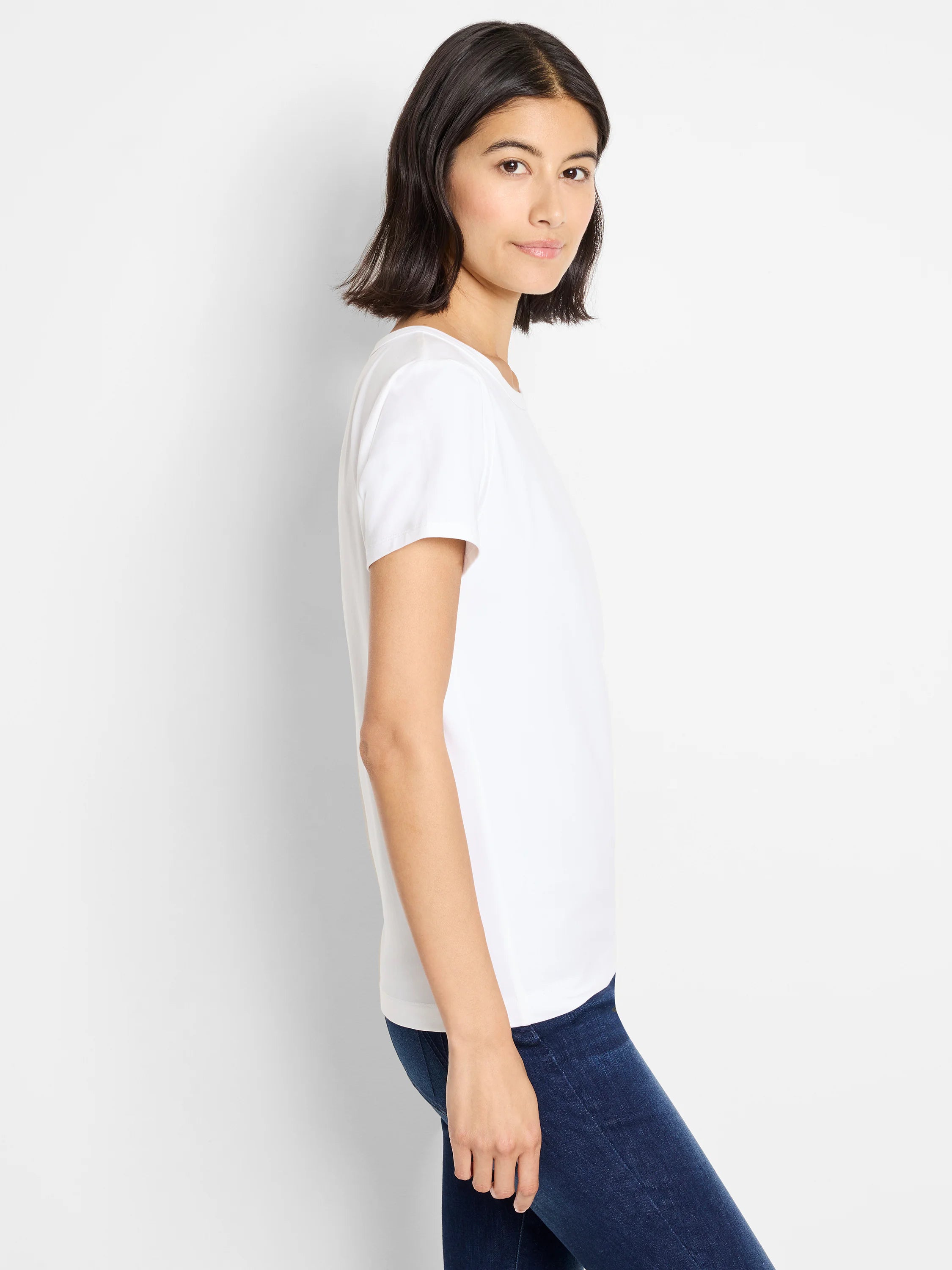 White crew neck t-shirt with short sleeves.