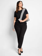 Black crew neck t-shirt with short sleeves.