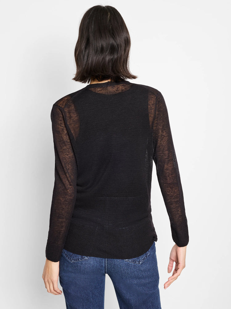 Black lightweight cardigan. Model wearing it from behind, revealing long, sheer sleeves & a sheer upper back.