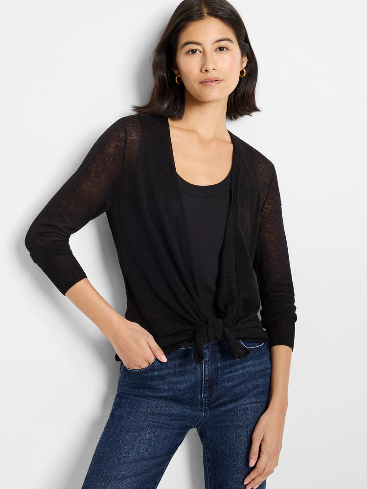 Black sheer cardigan, tied at the waist, with 3/4 sleeves and ribbed cuffs on a model.