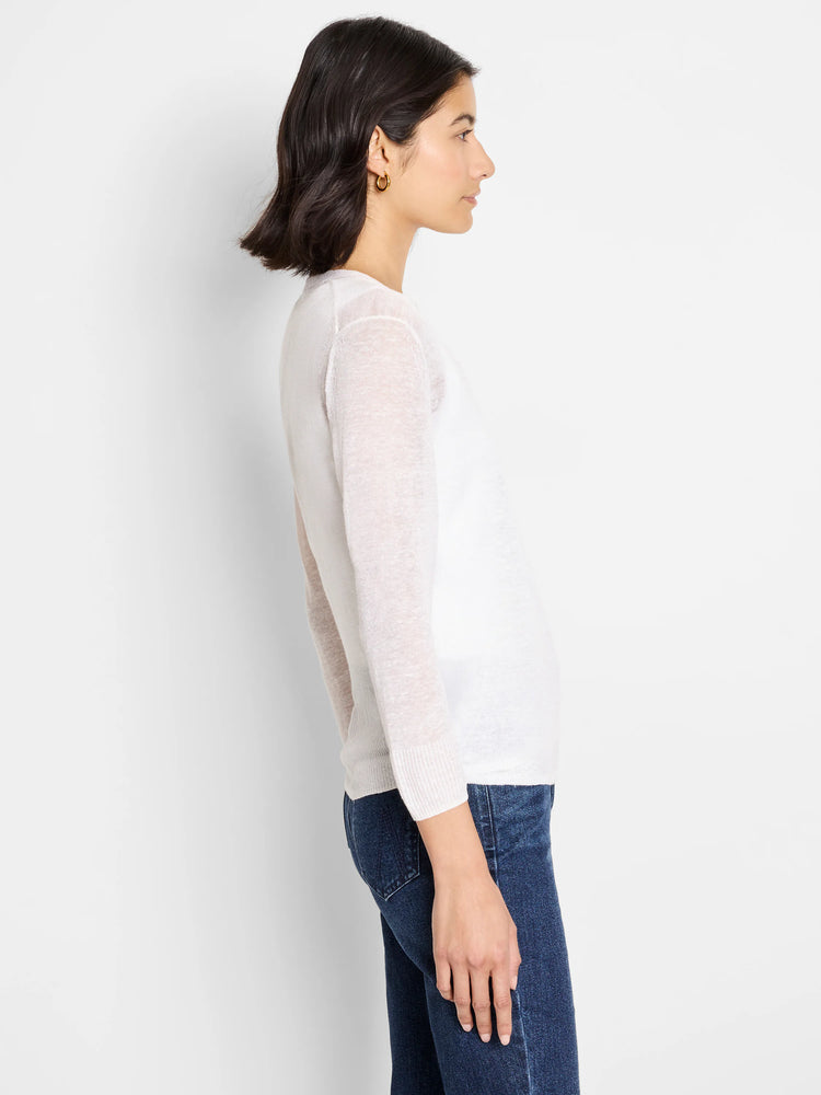 Off-white, sheer knit cardigan with long sleeves and ribbed cuffs.